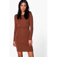 ribbed detail knitted bodycon dress camel