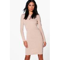 Ribbed Detail Knitted Bodycon Dress - beige