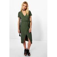 Rib Wrap Midi Dress - khaki