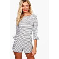 Ribbed Stripe Flute Sleeve Playsuit - ivory