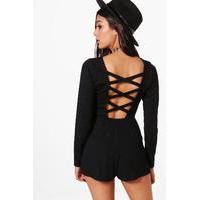 Ribbed Lattice Back Playsuit - black