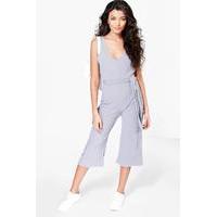 Ribbed Culotte Self Belt Jumpsuit - silver