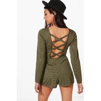 Ribbed Lattice Back Playsuit - khaki