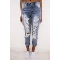 Ripped Boyfriend Jeans in Shimmer Blue