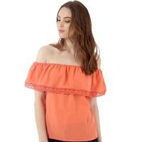 Ribbon Womens Off Shoulder Lace Trim Top Coral