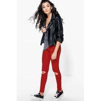 Ripped Knee Basic Jersey Leggings - berry