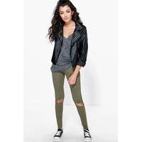 Ripped Knee Basic Jersey Leggings - khaki