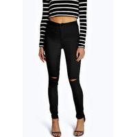 Ripped Knee High Waist Skinny Jeans - black