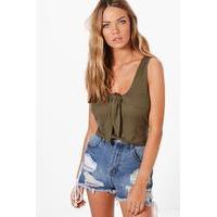 Ribbed Tie Front Top - khaki