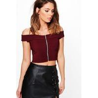 Ribbed Zip Through Bardot Top - burgundy