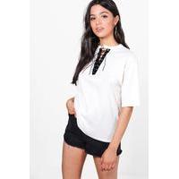 Ribbed Lace Up T-Shirt - white