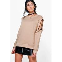 ribbon strap cold shoulder sweatshirt sand