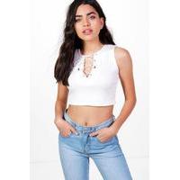 Ribbed Lace Up Front Crop Top - ivory