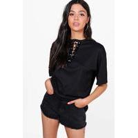 Ribbed Lace Up T-Shirt - black