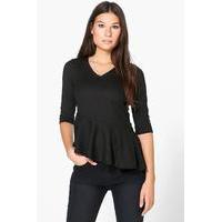 Rib Peplum 3/4 Sleeve Top - black