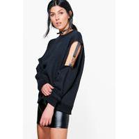 Ribbon Strap Cold Shoulder Sweatshirt - black