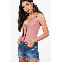 Ribbed Tie Front Top - rose
