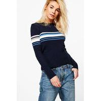 Ribbed Crew Neck Sports Stripe Jumper - navy