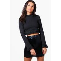 Rib Ruffle Hem Roll Neck - black