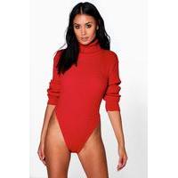 rib knit polo neck bodysuit red