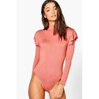 Riah Ruffle Shoulder High Neck Bodysuit - rose