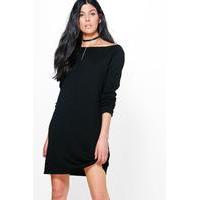 Rib Bardot Neck Soft Knit Jumper Dress - black