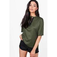 Ribbed Lace Up T-Shirt - khaki