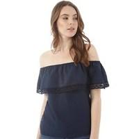 ribbon womens off shoulder lace trim top navy