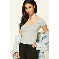 Ribbed Knit Henley Crop Top