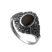 Ring Whitby Jet And Silver Marcasite Oval Shaped Antique