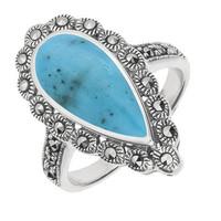 Ring Turquoise And Silver Marcasite Pear Centre Beaded Edge