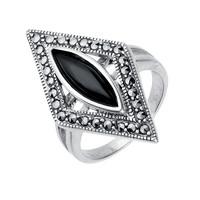Ring Whitby Jet And Silver Marcasite Diamond Shaped