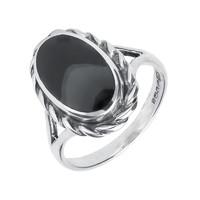 Ring Whitby Jet And Silver Heavy Oval Rope Edge