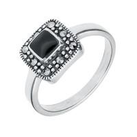 Ring Whitby Jet And Silver Marcasite Cushion Shape Beaded Edge