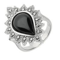 Ring Whitby Jet And Silver Marcasite Pear Beaded Edge