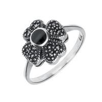 Ring Whitby Jet And Silver Marcasite Small Flower