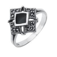 Ring Whitby Jet And Silver Marcasite Square Centre Beaded Edge