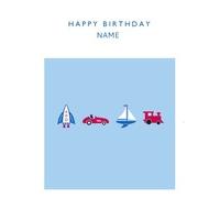 rockets boats and trains personalised childrens birthday card