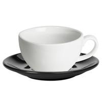 Royal Genware White Bowl Shaped Cup and Black Saucer 8.8oz / 250ml (Set of 6)