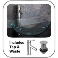 Round Clear Glass 42cm Padova Counter Top Sink with Pop Up and Tap