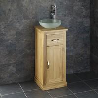 Round Glass Basin with Cube Solid Oak 37cm Single Door Compact and Space Saving Freestanding Cabinet