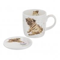 Royal Worcester Wrendale Fine Bone China Mug & Ceramic Coaster Set, Mug & Coaster Set, Pug Love