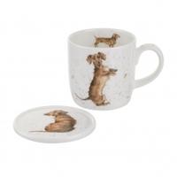 Royal Worcester Wrendale Fine Bone China Mug & Ceramic Coaster Set, Mug & Coaster Set, Hello Sausage