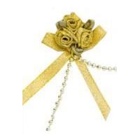 Rose on Ribbon Bow with Beads Gold