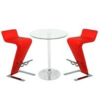 Roma Glass Bar Table In Clear With 2 Farello Red Bar Stools