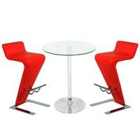 roma glass bar table in clear with 2 farello red bar stools