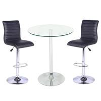 Roma Glass Bar Table In Clear With 2 Ripple Black Bar Stools
