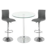 Roma Glass Bar Table In Clear With 2 Ripple Grey Bar Stools