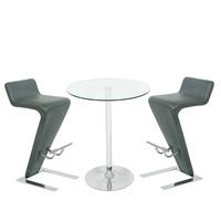 roma glass bar table in clear with 2 farello grey bar stools