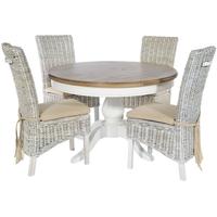 Rovico Walworth White Brush Round Dining Set with 4 Maya White Wash Chairs with Cushion